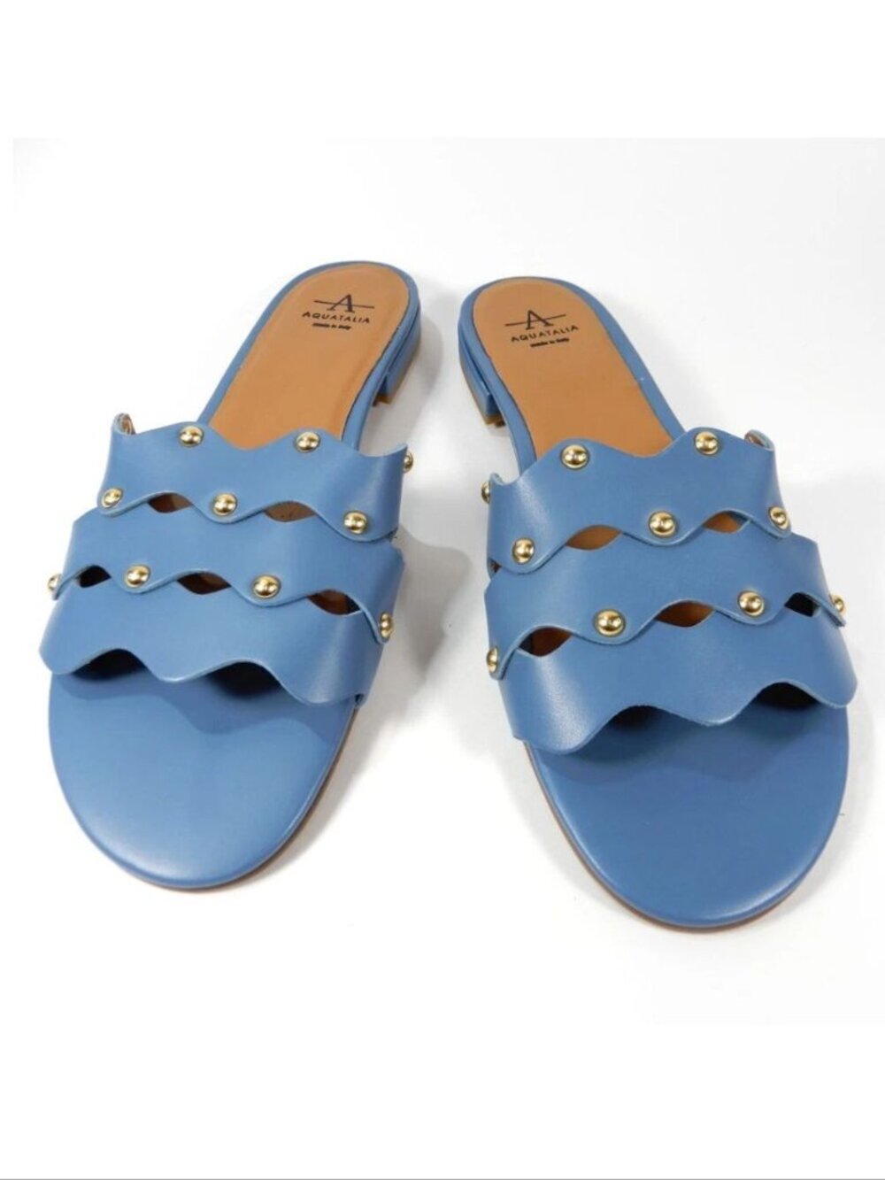 Aquatalia Torri Flat Slide SANDALS Size Blue 8.5 Leather Studded NEW $295